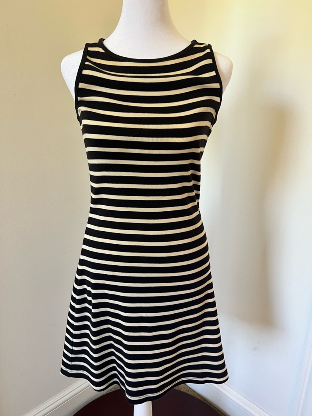 Black and Cream Striped Sleeveless Mini Dress